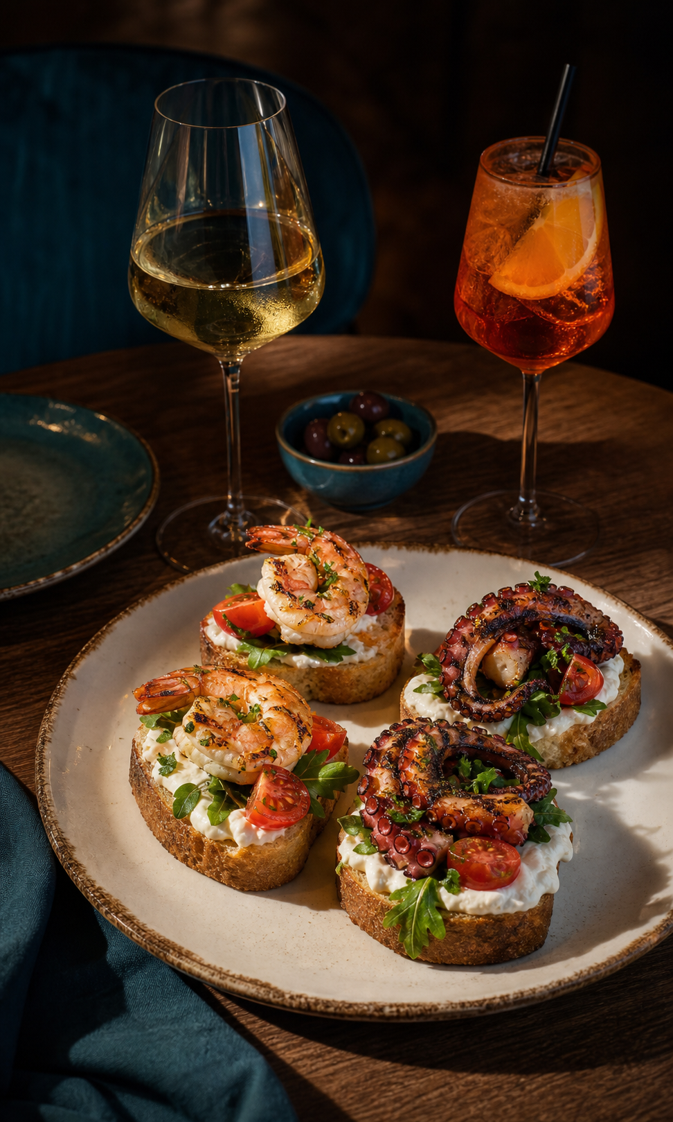 Aperitivo di pesce con crostini, gamberi, polpo e cocktail al tavolo.