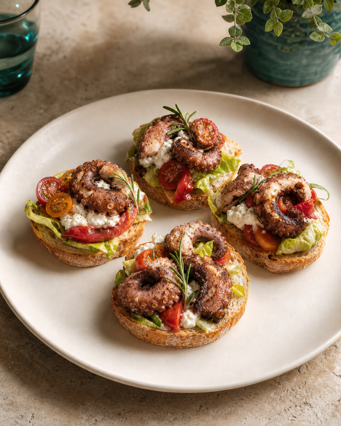 Crostini con polpo grigliato, stracciatella, insalata e pomodorini per l’aperitivo.