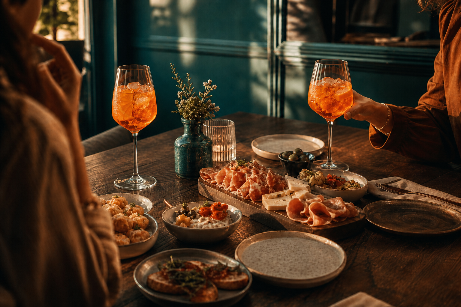 Amici al tavolo condividono spritz, tagliere italiano e piccoli assaggi.