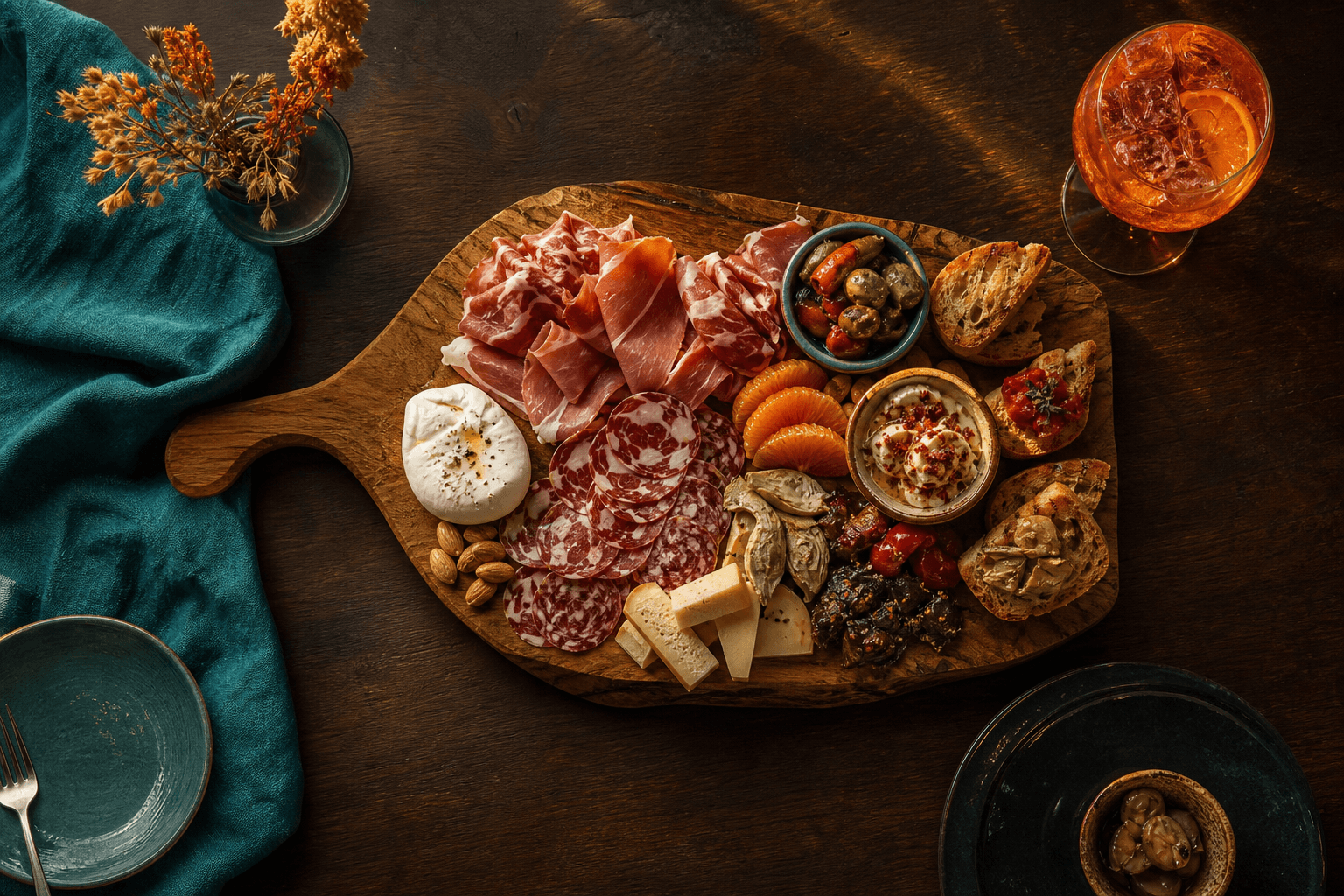 Tagliere italiano con salumi, formaggi e piccoli assaggi.