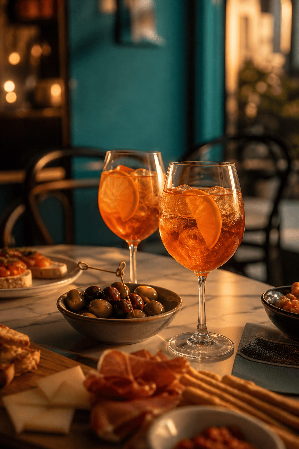 Aperitivo con cocktail arancioni, olive e piccoli assaggi in un ambiente verde petrolio.