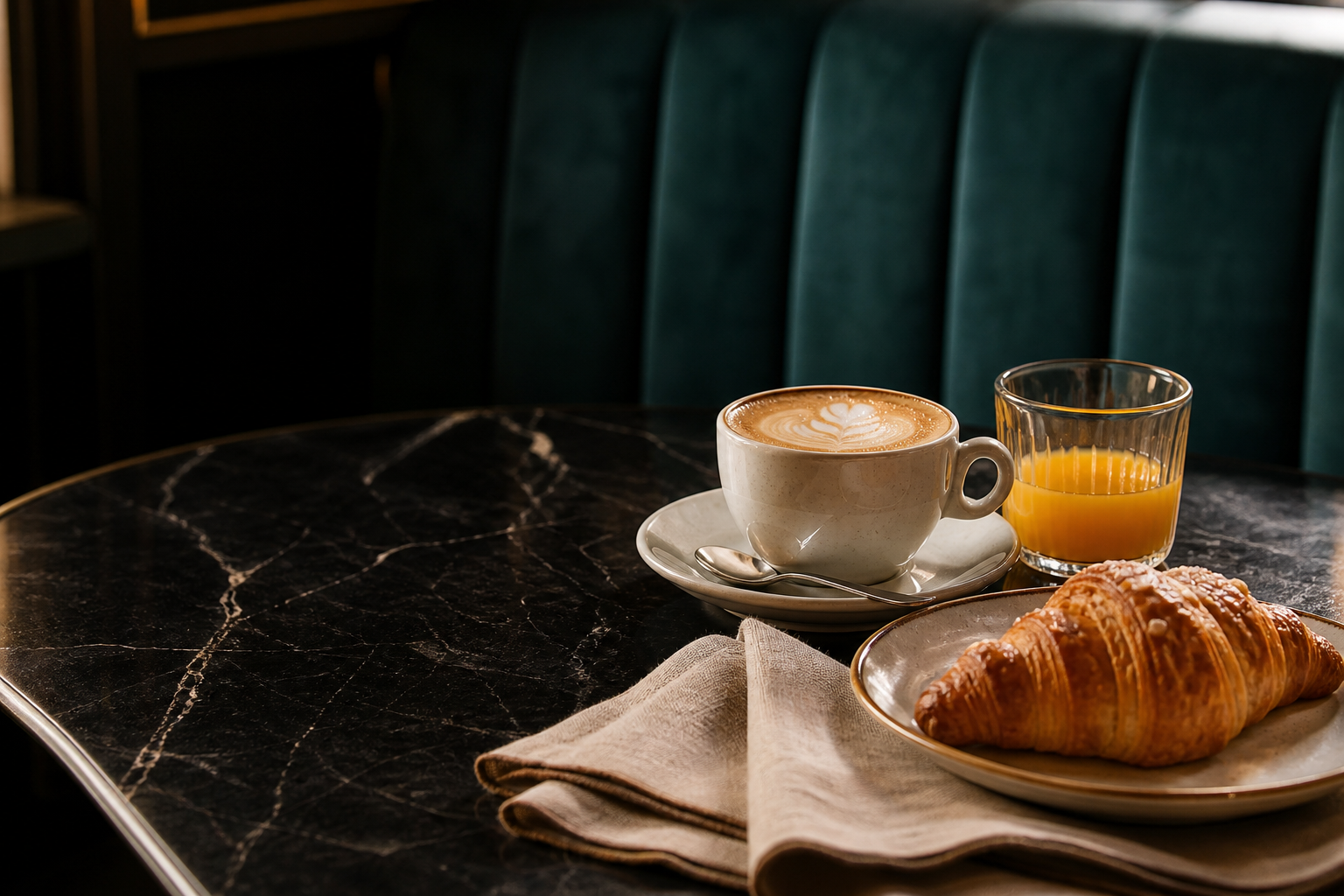 Cappuccino, cornetto e succo d'arancia in una caffetteria dai toni verde petrolio.