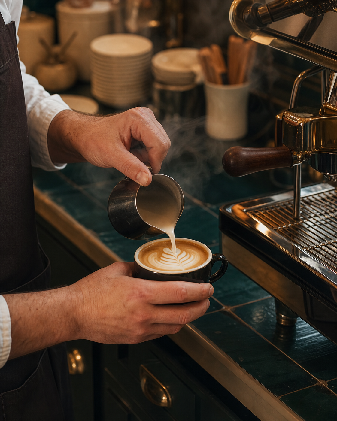 Mani che completano un cappuccino con latte art al bancone.