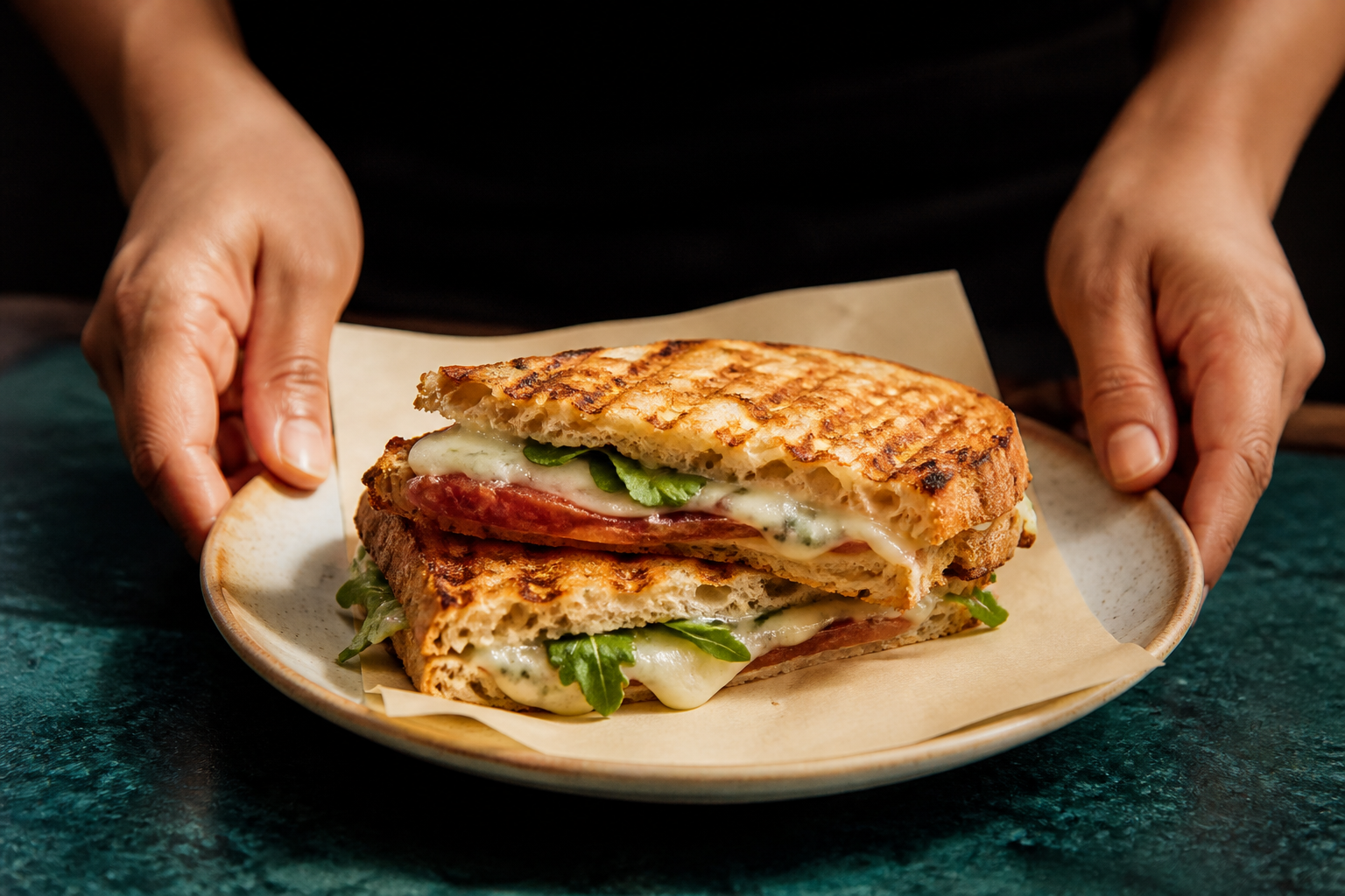 Panino tostato servito su un tavolo di caffetteria.