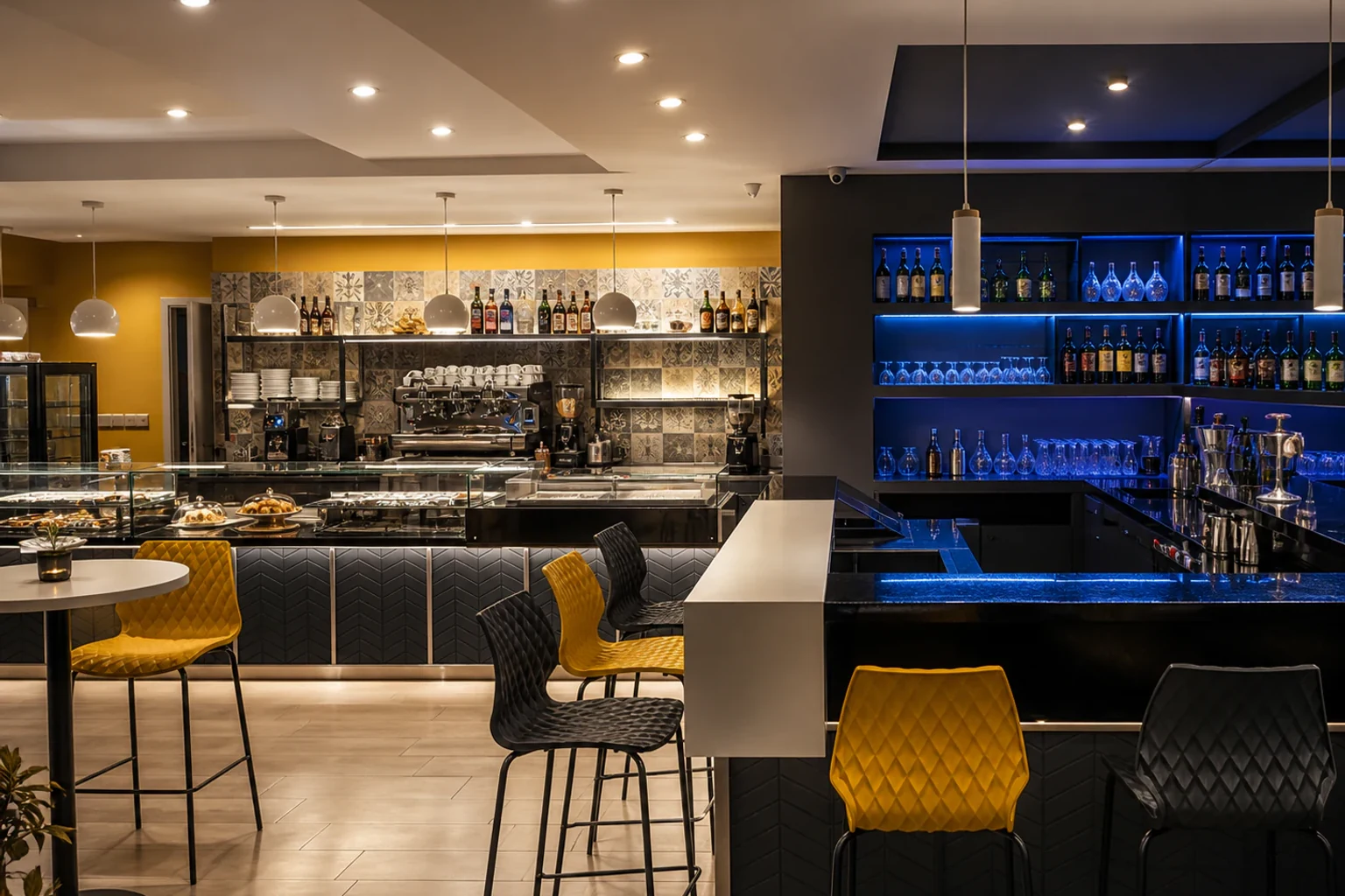 Vista ampia dei banconi caffetteria e aperitivo all’interno di Elite 27.