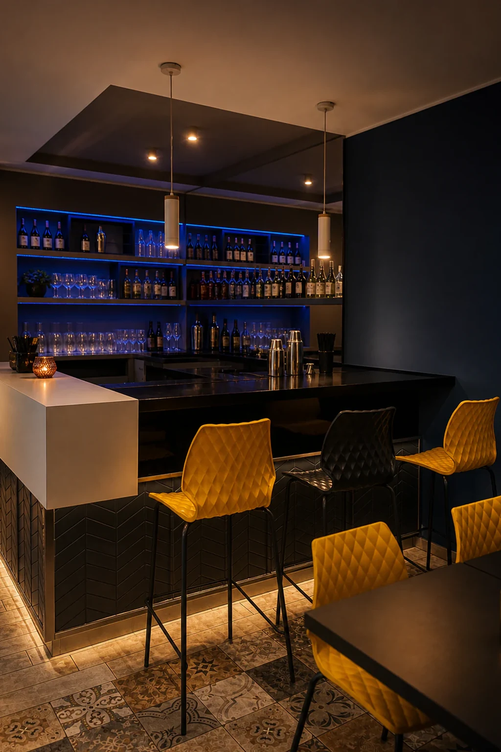Il cocktail bar di Elite 27 con bancone scuro, sedute gialle e bottigliera illuminata.